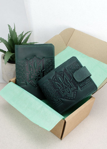 Подарочный мужской набор №85: портмоне + обложка на паспорт (зеленый) HandyCover (289602336)