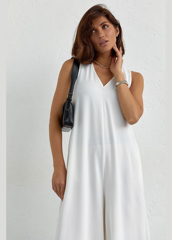 Летний комбинезон свободного фасона Liton комбинезон-брюки однотонный молочный повседневный хлопок, полиэстер