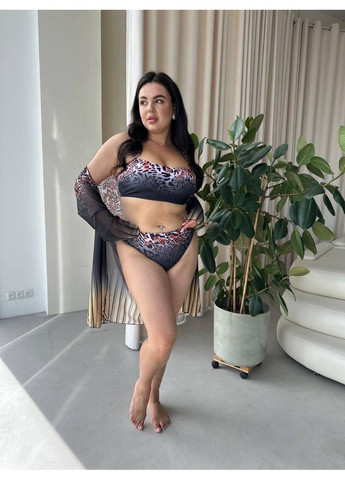 Комбінований літній жіночий комплект туніка + купальник великих розмірів градієнт сірий леопард / жіночий купальник плюс сайз з топом бандо No Brand