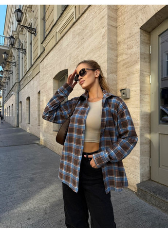 Коричневая повседневный, кэжуал рубашка в клетку No Brand с длинным рукавом