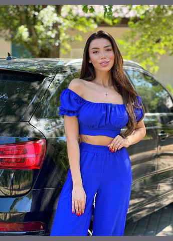 Синій костюм двійка (топ+штани) з креп-жатки з відкритим декольте, літній легкий костюм 2-ка з відкритими плечима No Brand 200-1 (299762987)