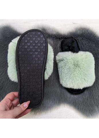 Оливковые тапочки меховые женские с открытым носком Fashion