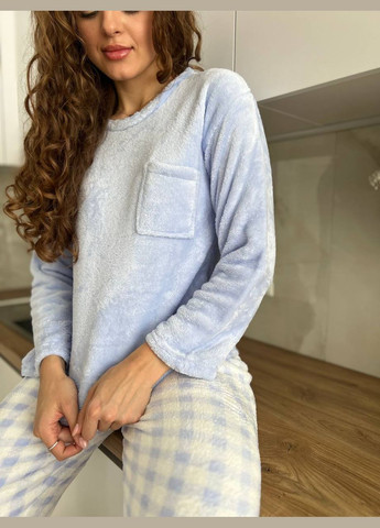 Голубая зимняя женская пижама голубая махровая реглан + брюки No Brand піжама