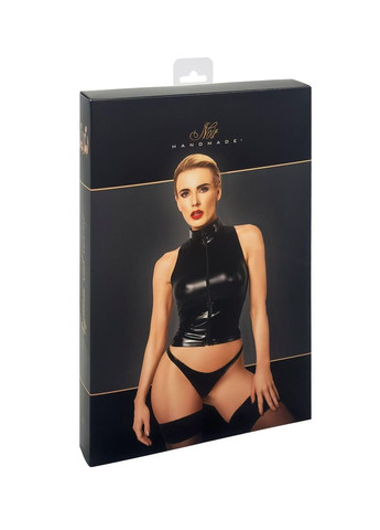 Черный демисезонный топ noir handmade f324 glam wetlook top with vinyl corset - m No Brand