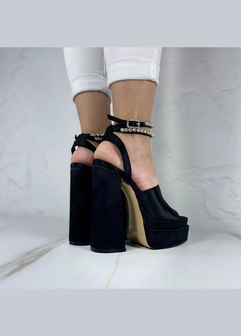 Черные женские стильные юосоножки на высоком каблуке черные. No Brand с ремешком с камнями