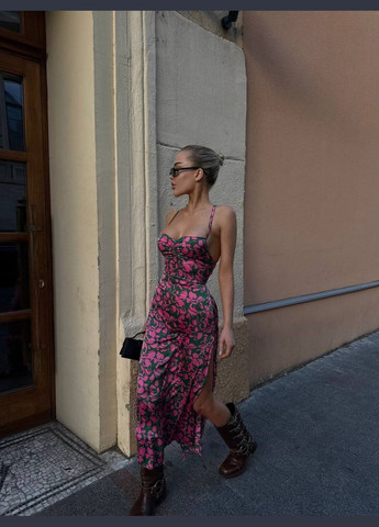 Розовое праздничный, коктейльное, откровенный, повседневный, кэжуал, джинсовое, вечернее шелковое платье с разрезом Україна с цветочным принтом