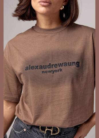 Коричневая летняя хлопковая женская футболка с надписью 22345 с коротким рукавом Lurex