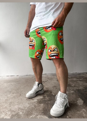 Зеленые мужские легкие летние трикотажные шорты с ярким принтом смайликов. No Brand (370954103)