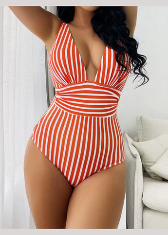 Червоний літній суцільний купальник у смужку - лосось/білий (kup-cil-strip-red) Vakko