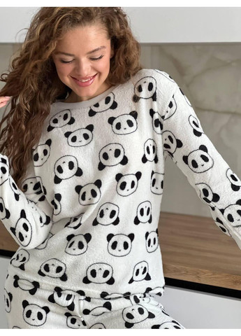 Біла піжама біло-чорна з принтом панд із м’якого флісу. тепла жіноча піжама флісова з пандами. домашній зимовий костюм No Brand