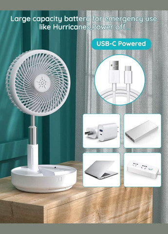 Портативный складной вентилятор Primevolve 7.7”, настольный и напольный, с пультом, USB, белый, 4 режима No Brand (338193338)