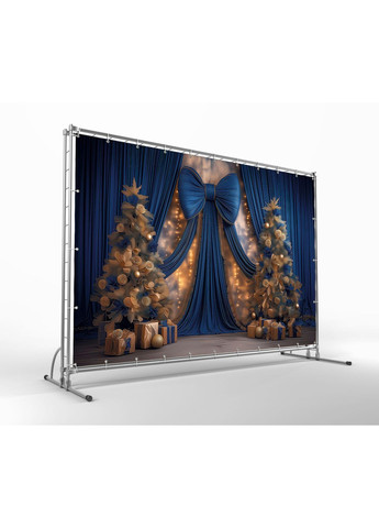 Фотозона на Новий рік Синій фон з білими ялинками та бантом – №46509 Vinylpex (369930161)