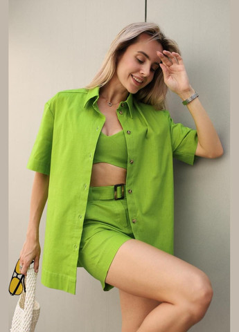 Женский комплект (рубашка, топ, шторты), трэндовый летний лляной костюм, подойдет для встреч и прогулки Intruder (347579775)