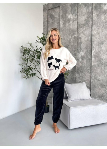 Комбінована жіноча піжама з м’якого флісу з котиками бежево-чорна. тепла піжама флісова з принтом котів для дому No Brand