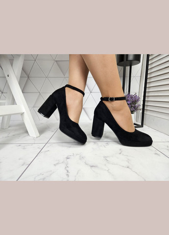 No Brand Туфли черные замшевые на широком каблуке с ремешком застежкой черный з, — (322650803)