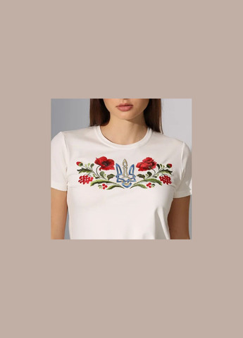 Комбинированная всесезон футболка женская с патриотической вышивкой «тризуб в маках» молочная mkбт2-01-03-10-05 Modna KAZKA
