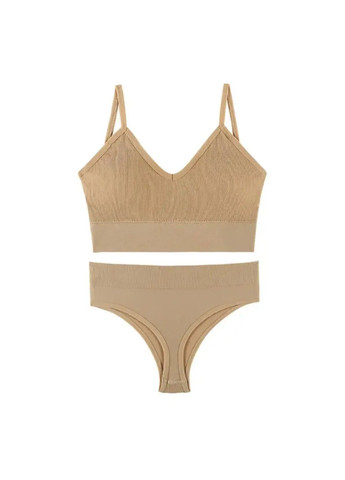 Бежевий демісезонний комплект жіночий топ і трусики в рубчик бежевий No Brand Топ і трусики комплект