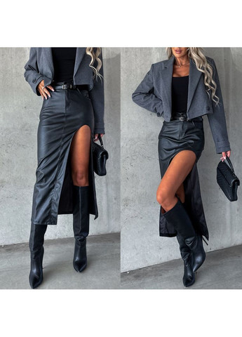 Черная женская юбка из эко-кожи с вырезом Osoblyva