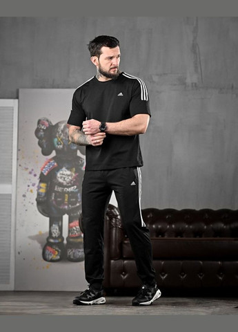 Стильный мужской летний костюм Adidas штаны+футболка черный Freedom (328256315)