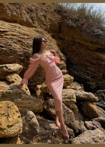 Персикова повсякденний, вечірня, кежуал жіноча сукня силуетна FINO Mode з квітковим принтом