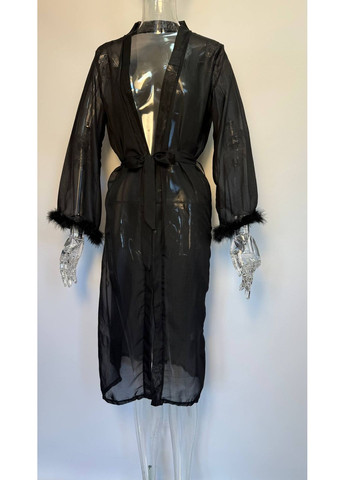 Пеньюар шифоновий довгий халат з пір'ям Valerie чорний No Brand Валері (315041039)