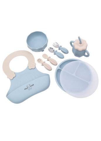 Набор силиконовой детской посуды для прикорма на присосках из пищевого силикона Кактус с обучающими ложками голубой Cheeks (350315139)