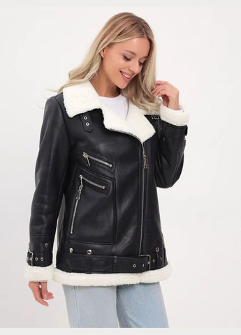 Жіноча дублянка подовжена з поясом чорна з білим хутром You Best (303899204)