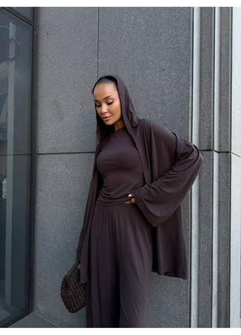 Жіночий костюм трійка: лонгслів, штани палаццо та кардиган з капюшоном MonCher (355801750)