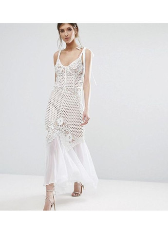 Белое белое кружевное вечернее платье миди с вышивкой и шифоновым низом праздничное Jarlo