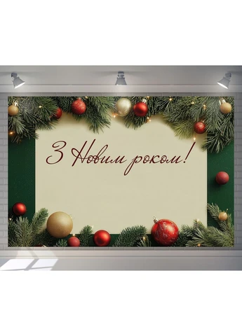 Новорічний банер З Новим роком! зелений з білим ялинковим вінком — №46318 Vinylpex (366971962)