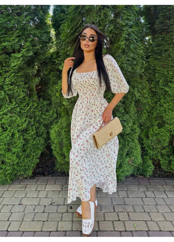 Розовое повседневный, вечернее, пляжное, кэжуал женское платье в цветок с открытыми плечами FINO Mode с цветочным принтом