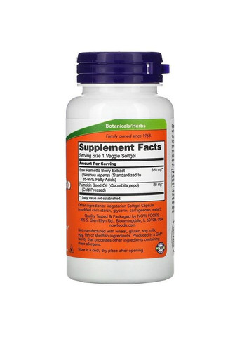 Экстракт серенои 320 мг Saw Palmetto Extract для предстательной железы 90 растительных капсул Now Foods (265532257)