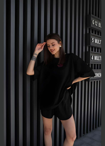 Женская черная базовая футболка one size оверсайз с надписью вышивка Україна - (339402837)