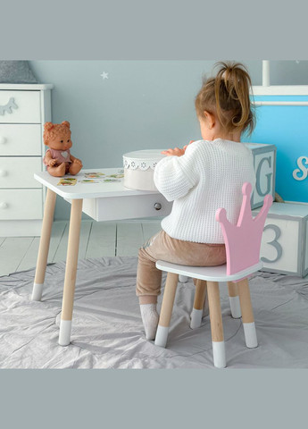 Дитячий столик білий і стільчик корона біло-рожевий. Столик із шухлядою для олівців і розмальовок 56787 No Brand (335039698)