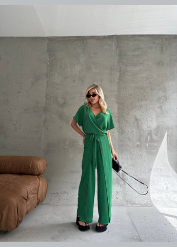 Костюм двійка блузка та штани з розрізом збоку зелений You Best (298295438)