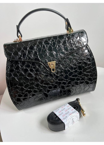 Сумка-сетчел Туреччина — натуральна шкіра чорна кроко лак довгий регульований ремінь у комплекті Karya (356893777)