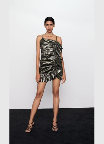 Золотий вечірня сукня плаття міні з воланом на бретелях футляр Zara