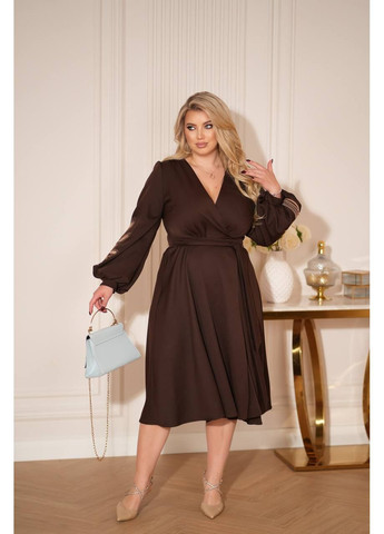 Коричнева святковий, вечірня сукня міді на запах з вишивкою на запах MonCher