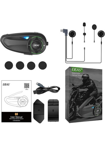 Bluetooth интерком Q8 с Mesh 3.0, CVC шумоподавлением, FM, IP67, 1200 мАч аккумулятор, мотогарнитура 1000м No Brand (346493705)