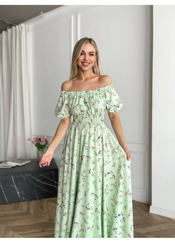 Фісташкова святковий, повсякденний, вечірня, пляжна, кежуал жіноча довга сукня з відкритими плечима Vakko з квітковим принтом