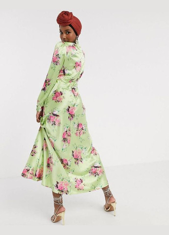Салатовое платье макси атласное в цветочный принт. Asos