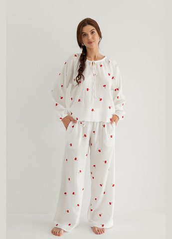 Біла всесезон штани з вишивкою з мусліну cherry Forly