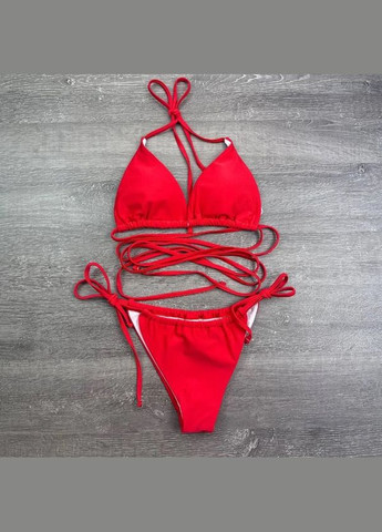 Красный раздельный купальник с длинными шлейками шибари, треугольники и танга s m l (44 46 48 50) красный Po Fanu