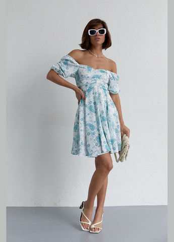 Бирюзовое повседневный летнее платье мини с драпировкой спереди 23128 Lurex с цветочным принтом