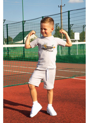 Серая демисезонная летний костюм патриотический шорты+футболка с принтом котик и самолетик f-16 для мальчиков Ginger Cat