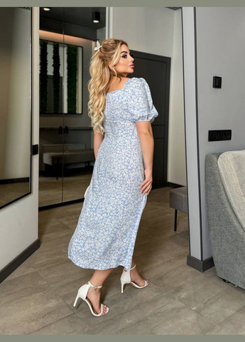 Блакитна повсякденний, коктейльна, вечірня, кежуал жіноча сукня FINO Mode з квітковим принтом