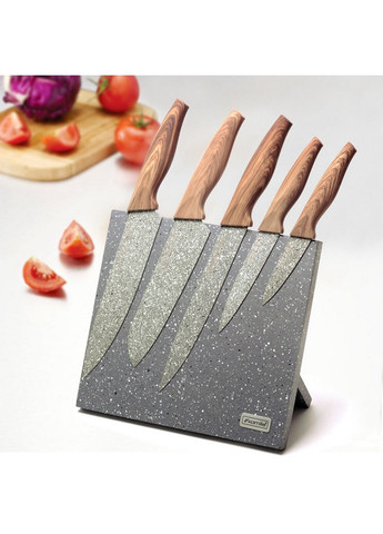 Набір ножів 6 предметів на підставці з мармуровим покриттям Kamille сіро-коричневий,