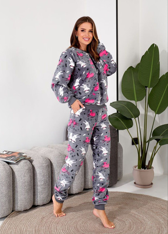 Серая зимняя женская теплая плюшевая пижама свитшот + брюки Modena