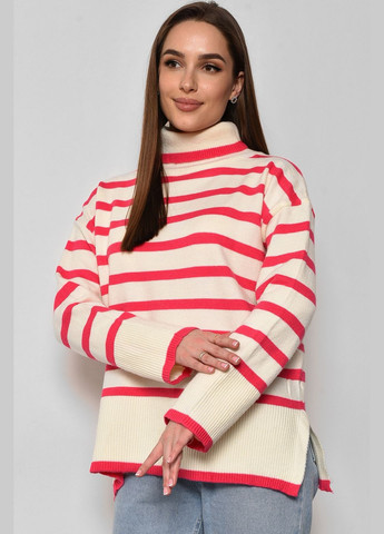 Белый зимний свитер женский полубатальный в полоску бело-розового цвета пуловер Let's Shop