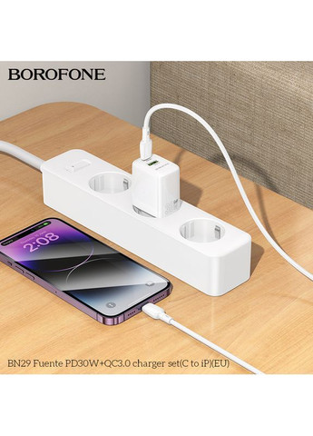 Мережевий зарядний пристрій з кабелем PD30W+QC3.0 charger set (C to iP) (EU) White (6941991120336) Borofone BN29 Fuente (361346829)